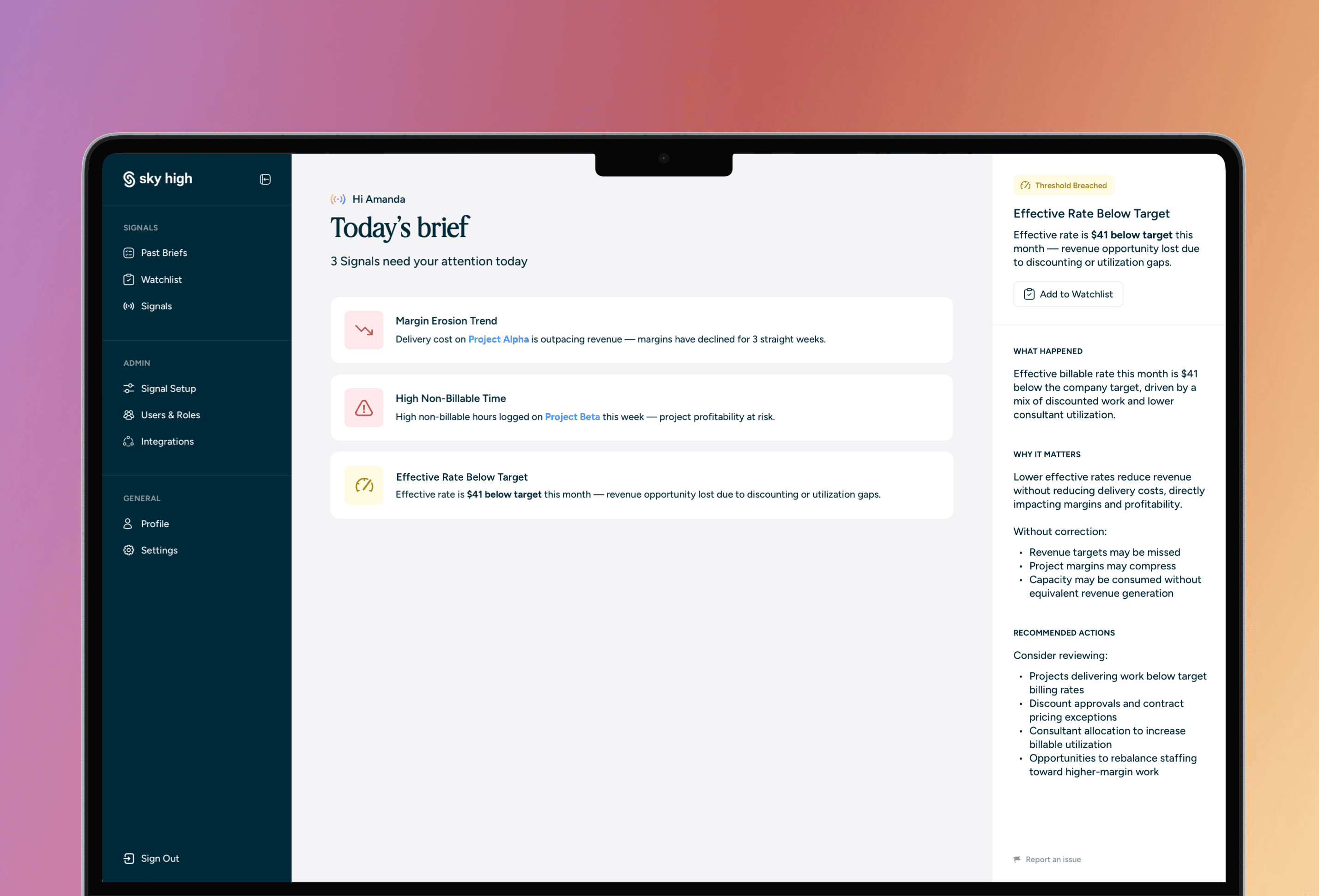 Signals dashboard interface